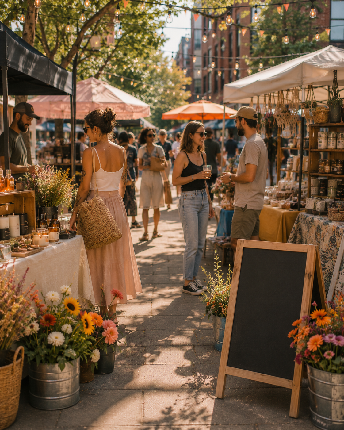 People shopping at outdoor market with vendor booths, flower arrangements, and string lights, in warm sunlight.