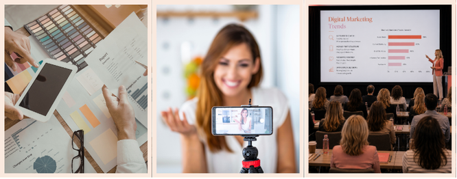 People in a business meeting, a woman recording a presentation with a smartphone, and an audience attending a digital marketing trends seminar.