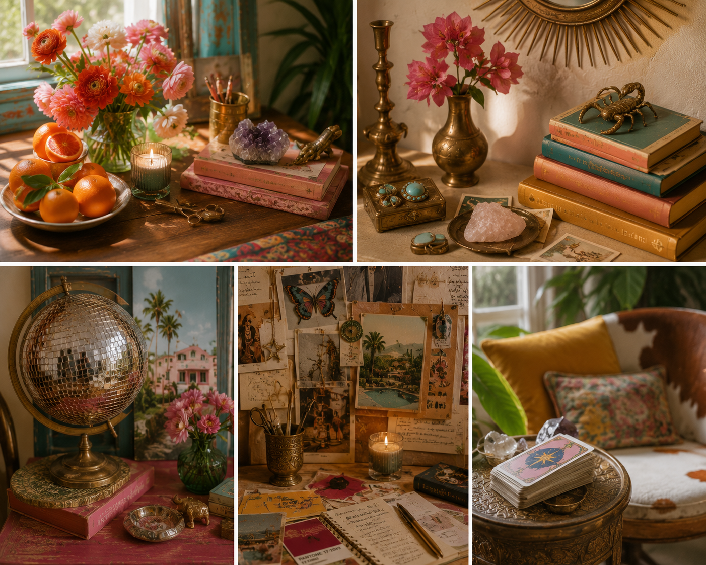 Collage of vintage decorative items including flowers, books, jewelry, a globe, photographs, and a card deck, arranged in cozy, eclectic interior spaces.