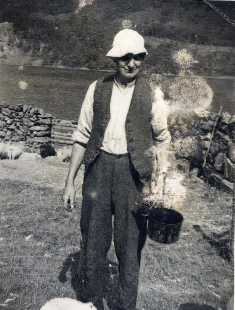 William Jones, who farmed the campsite land in the 1940s with a bucket of pitch (tar) for marking sheep. 