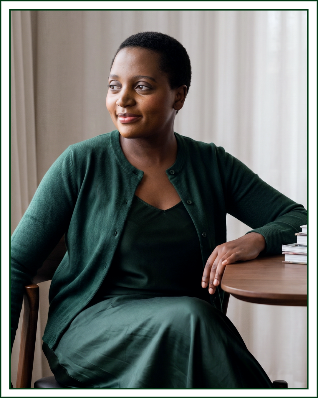Vertical portrait of Lillian Ingabire, founder of Studio Kalili, a website design and brand identity studio, in a green cardigan and dress, seated at a wooden table with design books, smiling confidently.
