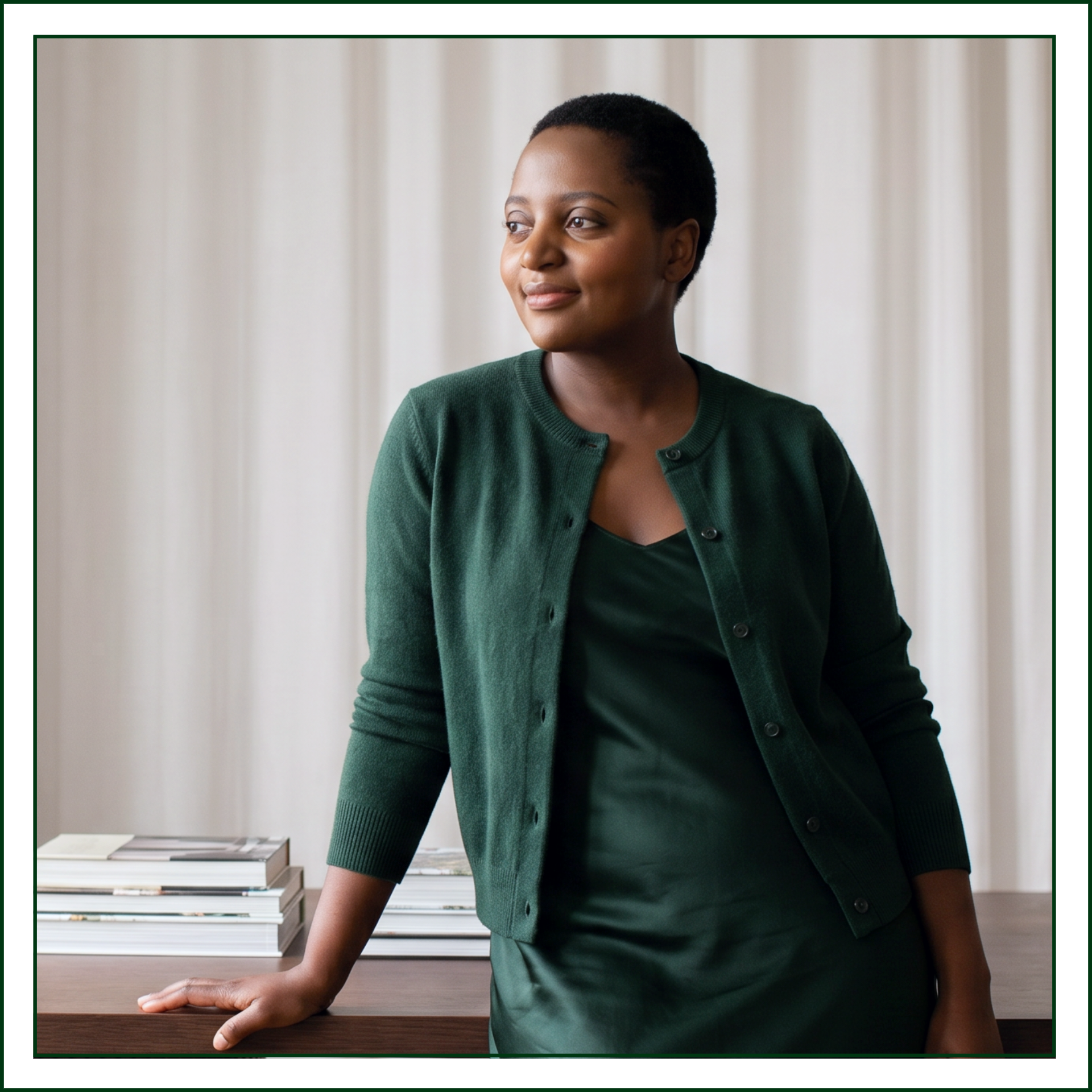 Portrait of Lillian Ingabire of Studio Kalili, a brand identity studio in Chicago, leaning against a wooden desk in a green cardigan and dress with design books stacked beside her.