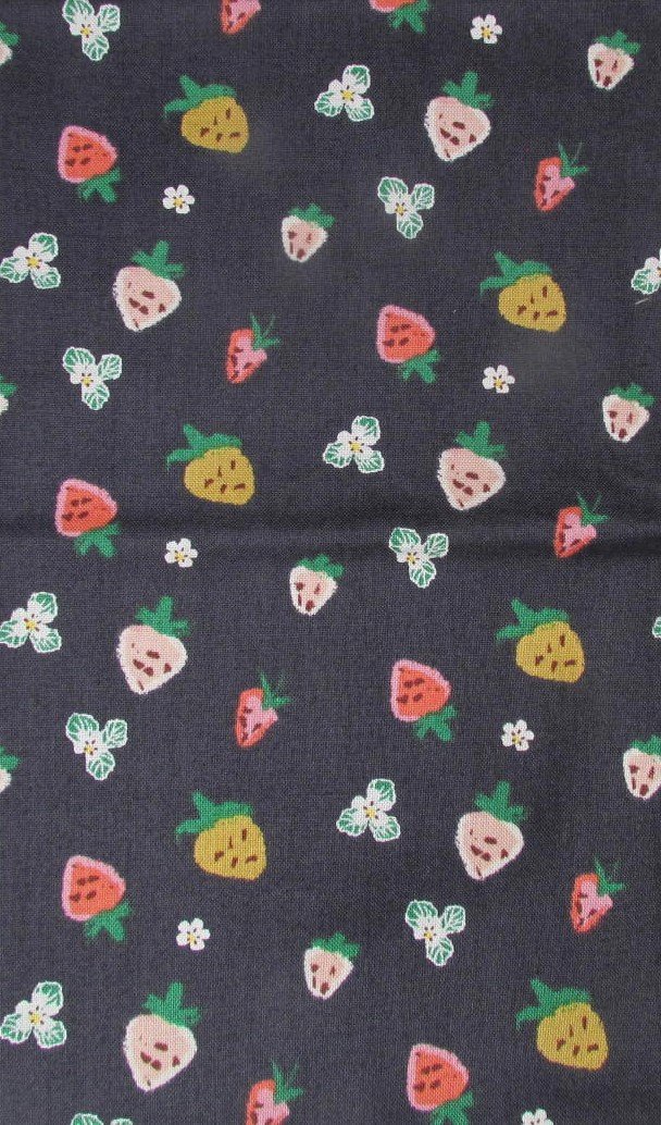 Riley Blake Misty Morning Strawberries Navy with pink and yellow strawberries