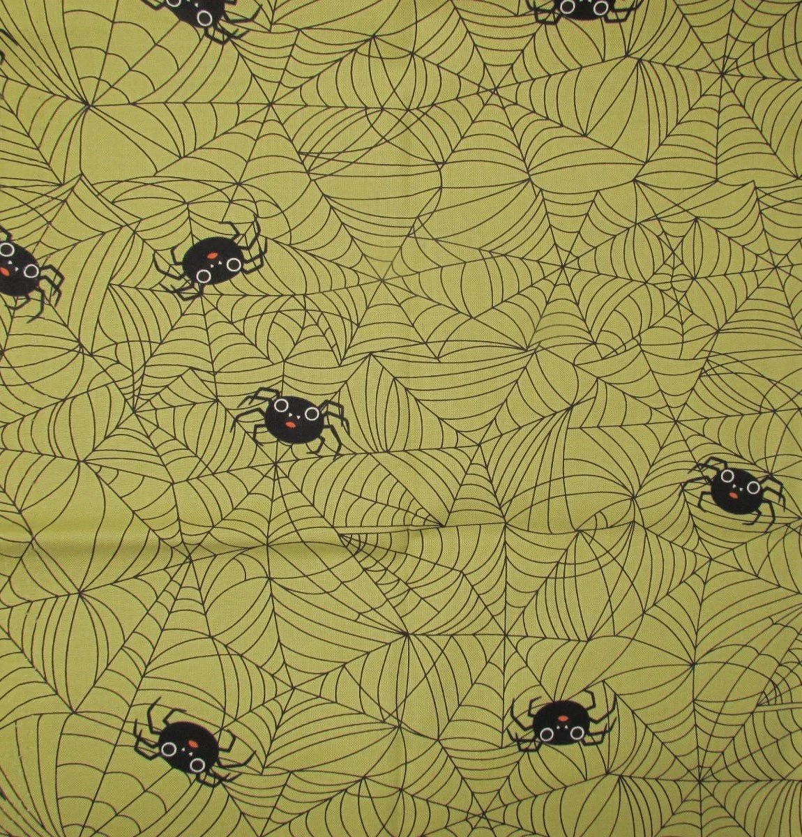 Poppie Cotton Halloween Not Scary Spiderwebs with Spiders, Avocado Green Colorway