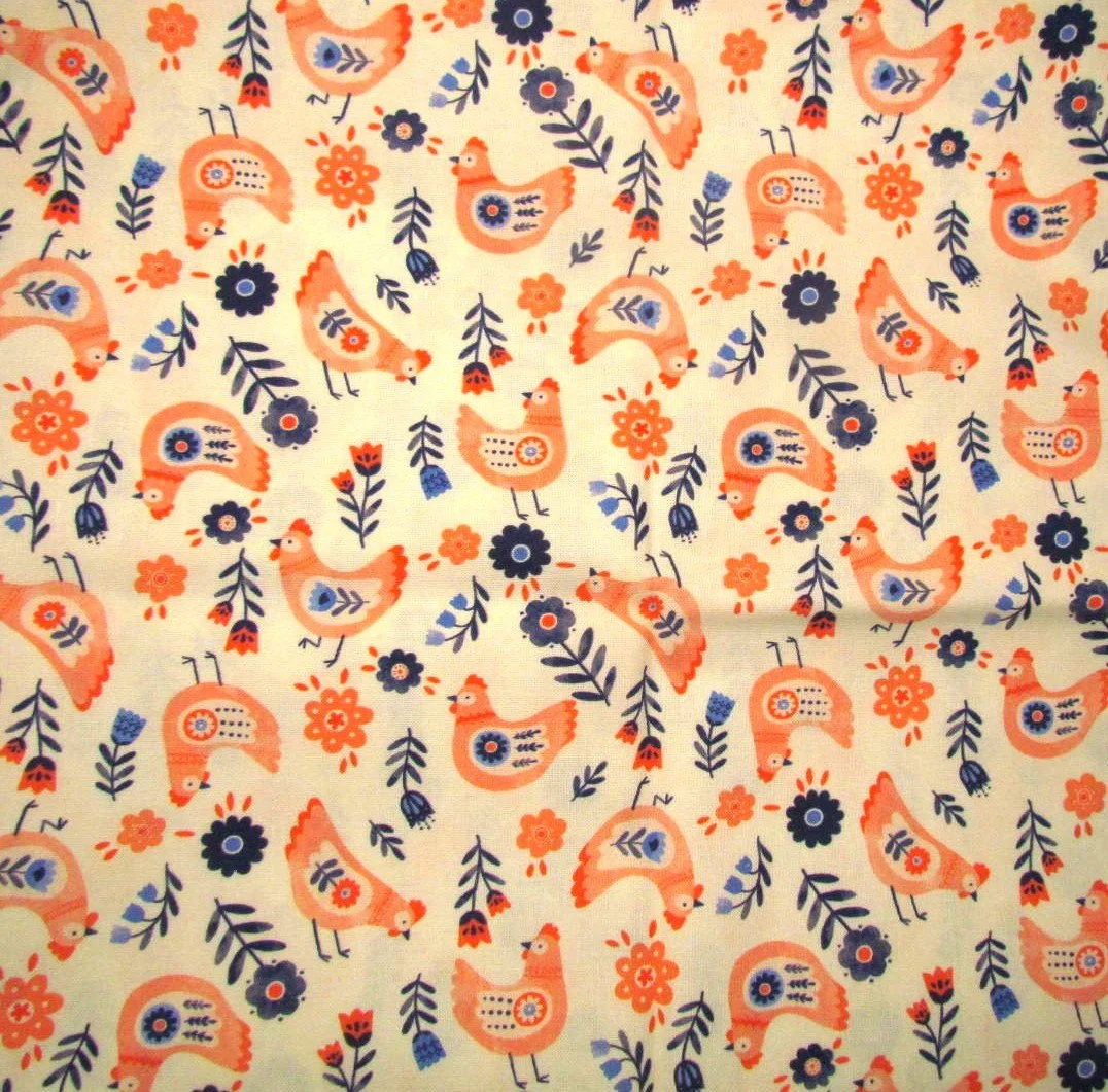 Windham Folky Chicken Cluck, Cluck, Cluck Blue and Pink on Cream