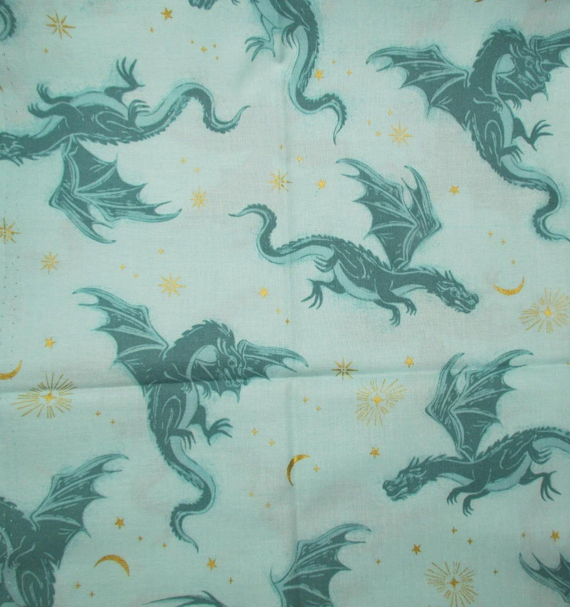 Ruby Star Fireglow Teal Dragons on Light Teal with Gilded Stars and Moons