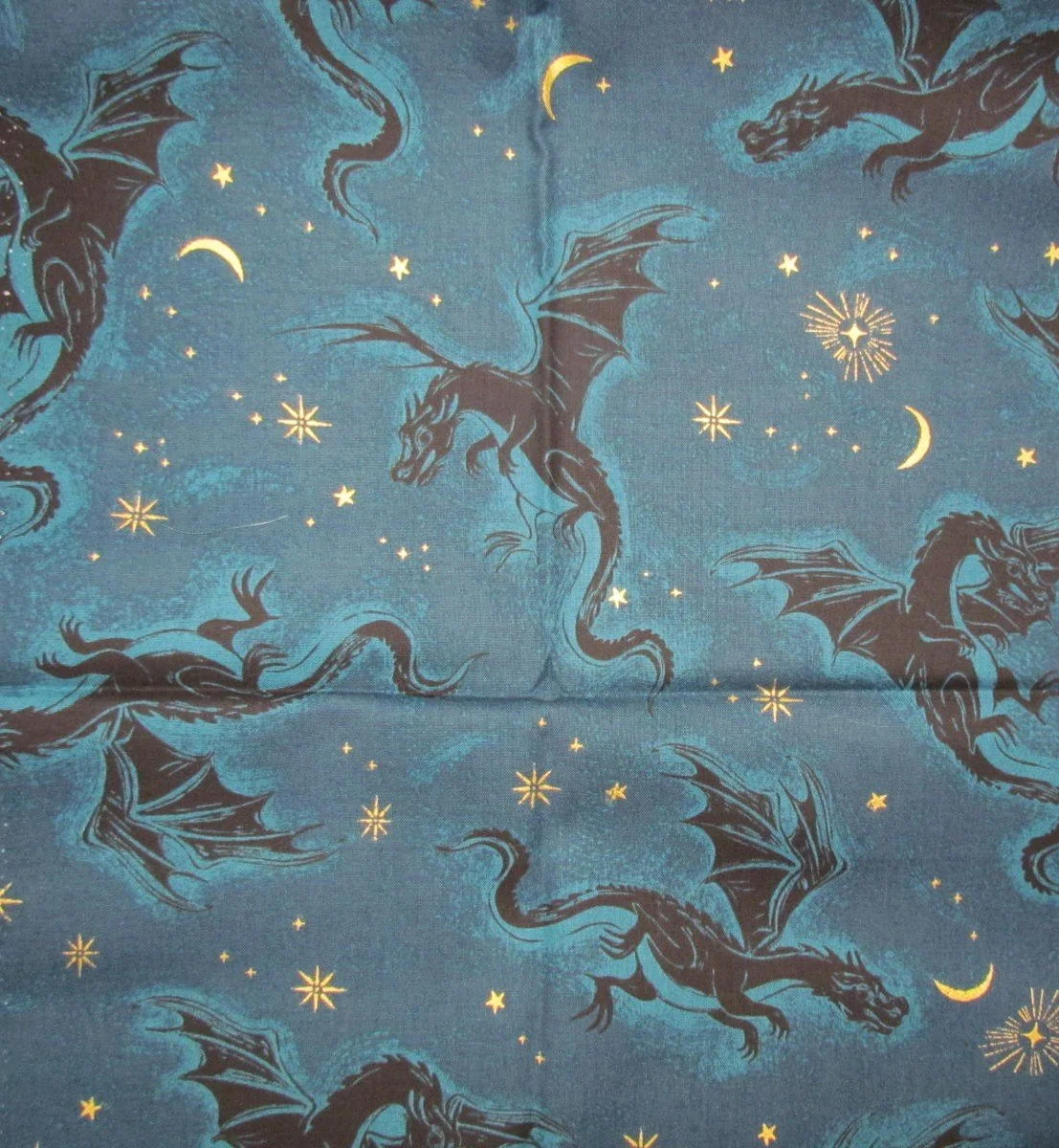 Ruby Star Fireglow Black Dragons on Teal with Gilded Stars and Moons