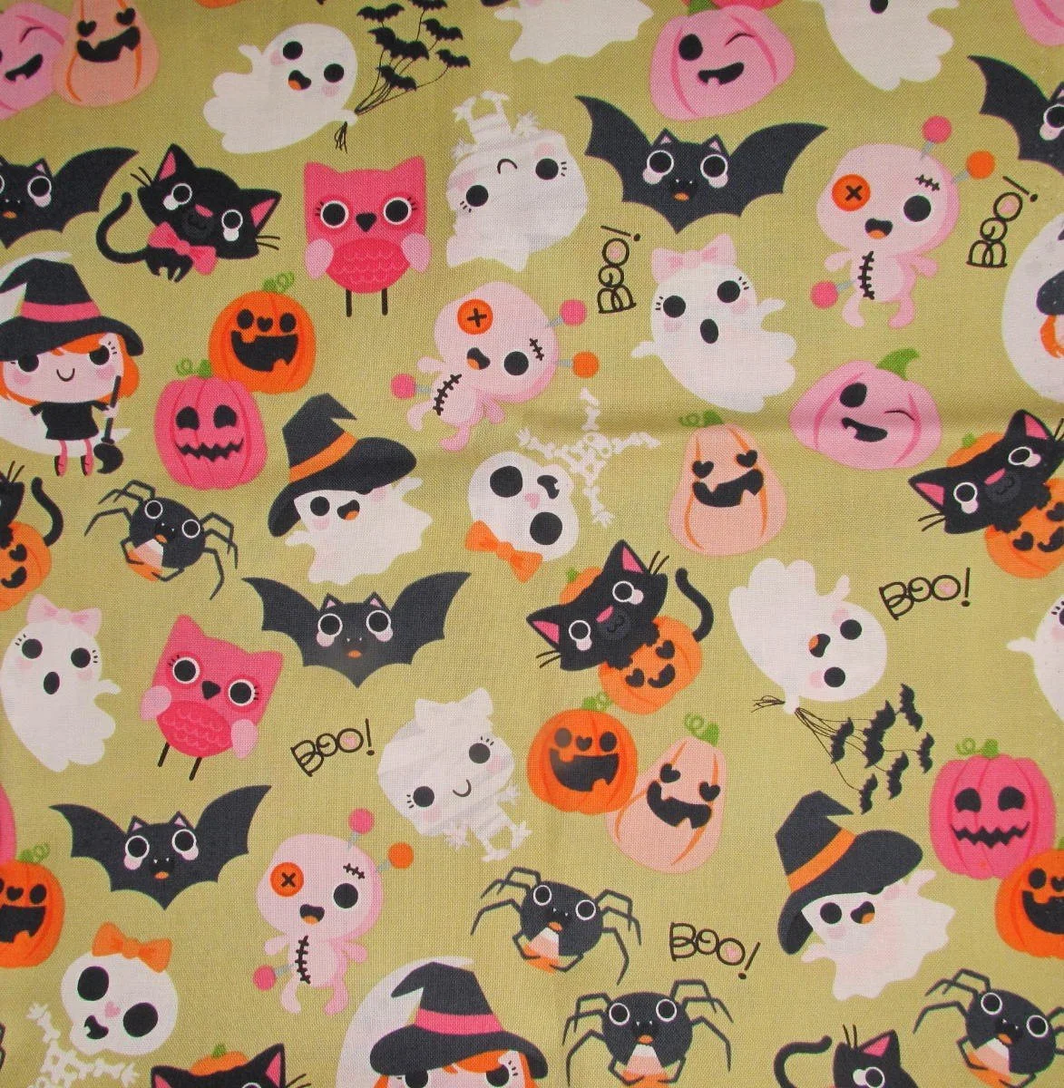 Poppie Cotton Not Scary Collection Friendly Ghosts, Owls, Bats, Cats and Pumpkins in Avocado Green Colorway