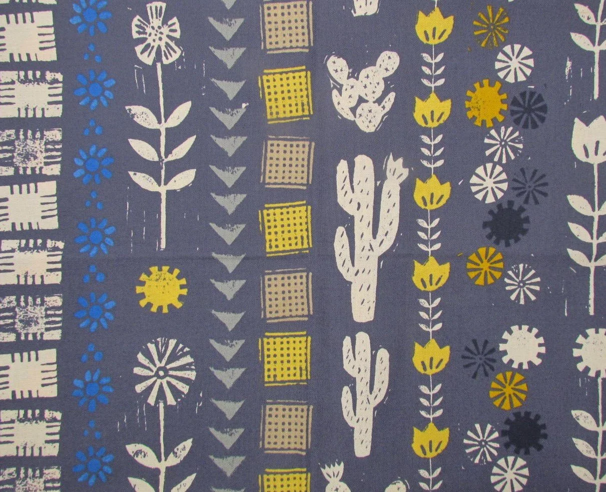 Cotton and Steel Heirloom Garden Rows Cactus Bluebell
