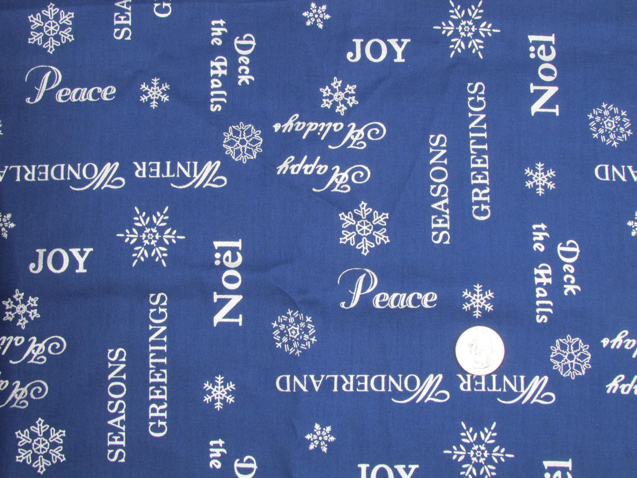 Navy Holiday Fabric with Gilded Silver Words and Snowflakes