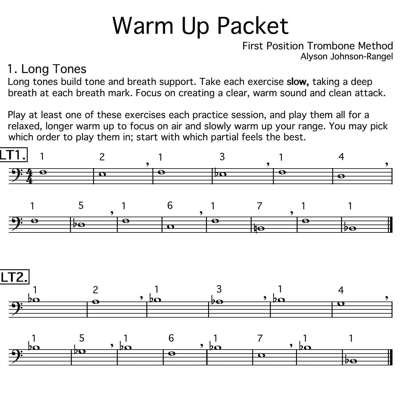 A music sheet titled "Warm Up Packet" with instructions for long tones, including musical notations and fingerings for trombone practice.