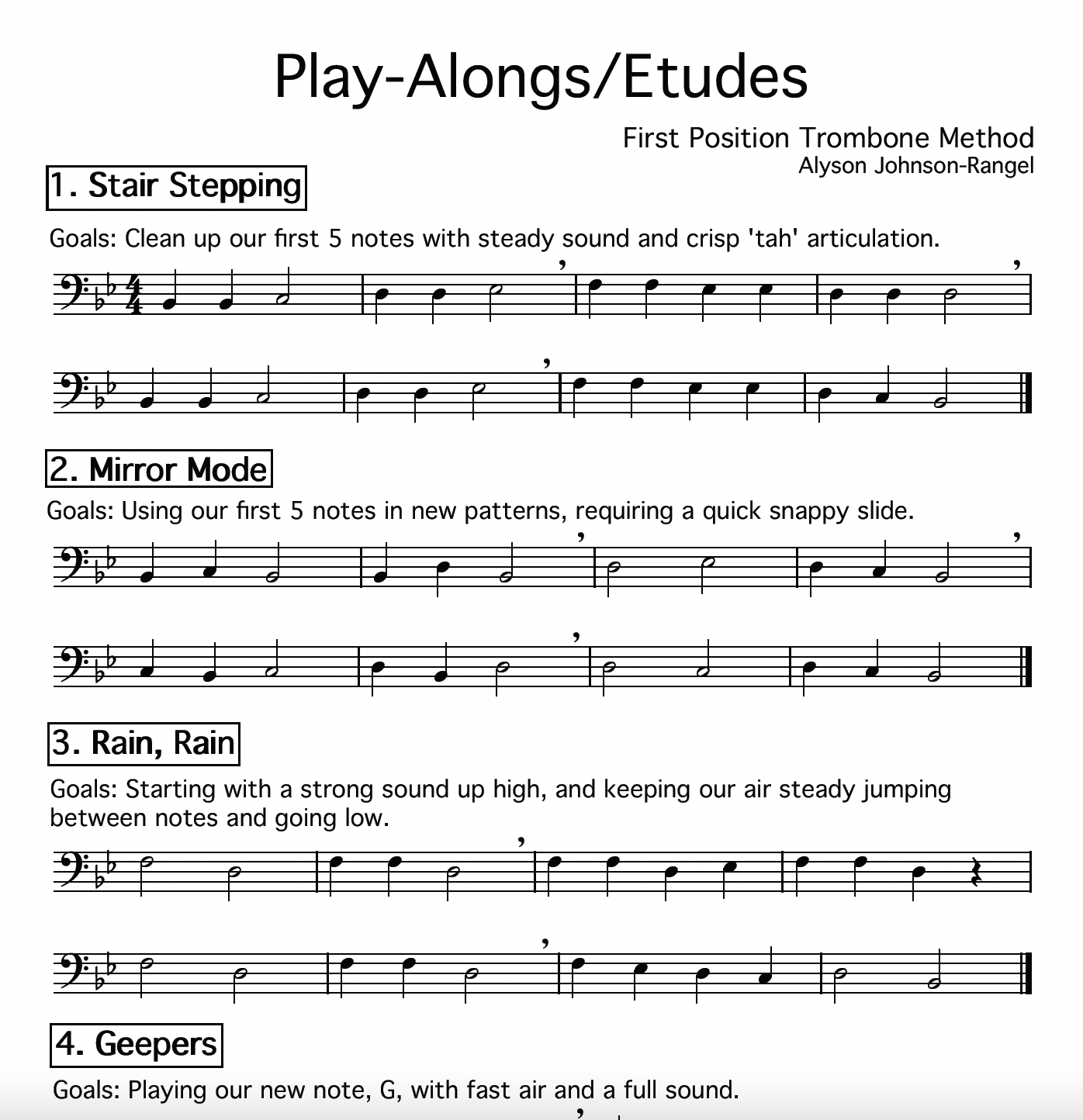 Music sheet titled 'Play-Alongs/Etudes' with four sections: 1. Stair Stepping, 2. Mirror Mode, 3. Rain, Rain, 4. Geepers, each with musical notes and instructions.