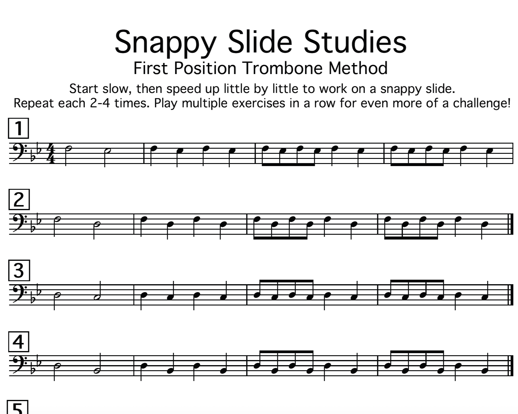 Sheet of music with exercises labeled 1 through 5 for practicing first position trombone slides, with musical notes and directions printed.