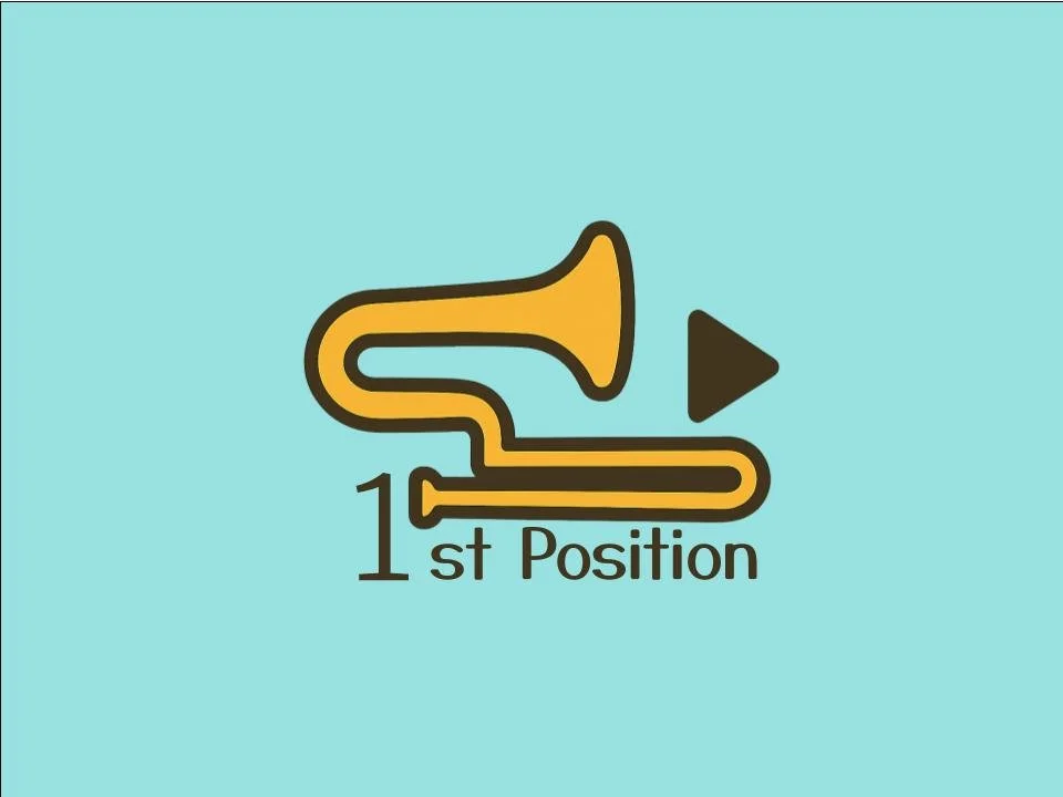 Icon showing a trombone with a play button, labeled '1st Position' on a light blue background.