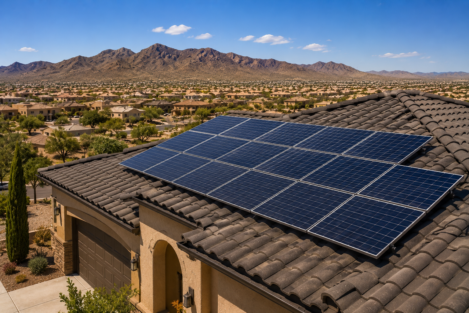 Solar panels installed on the roof of a house in a desert suburban area with mountains in the distance.
