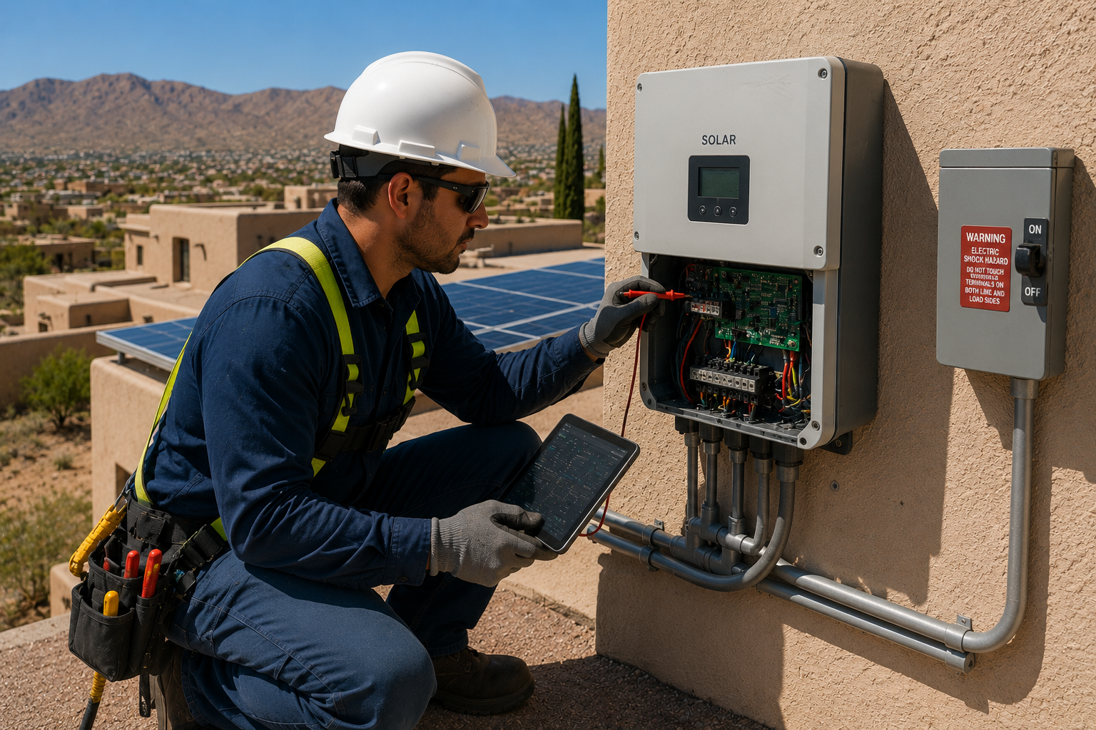 A technician wearing safety gear, including a white helmet and sunglasses, checking an electrical solar panel system on a building with a tablet in hand, in a solar power installation on a rooftop with a desert landscape and mountains in the background.