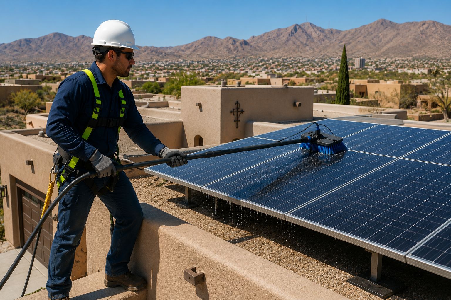 A worker wearing a hard hat and safety gloves is cleaning solar panels on a rooftop using a high-pressure water hose, with a desert town and mountains in the background.
