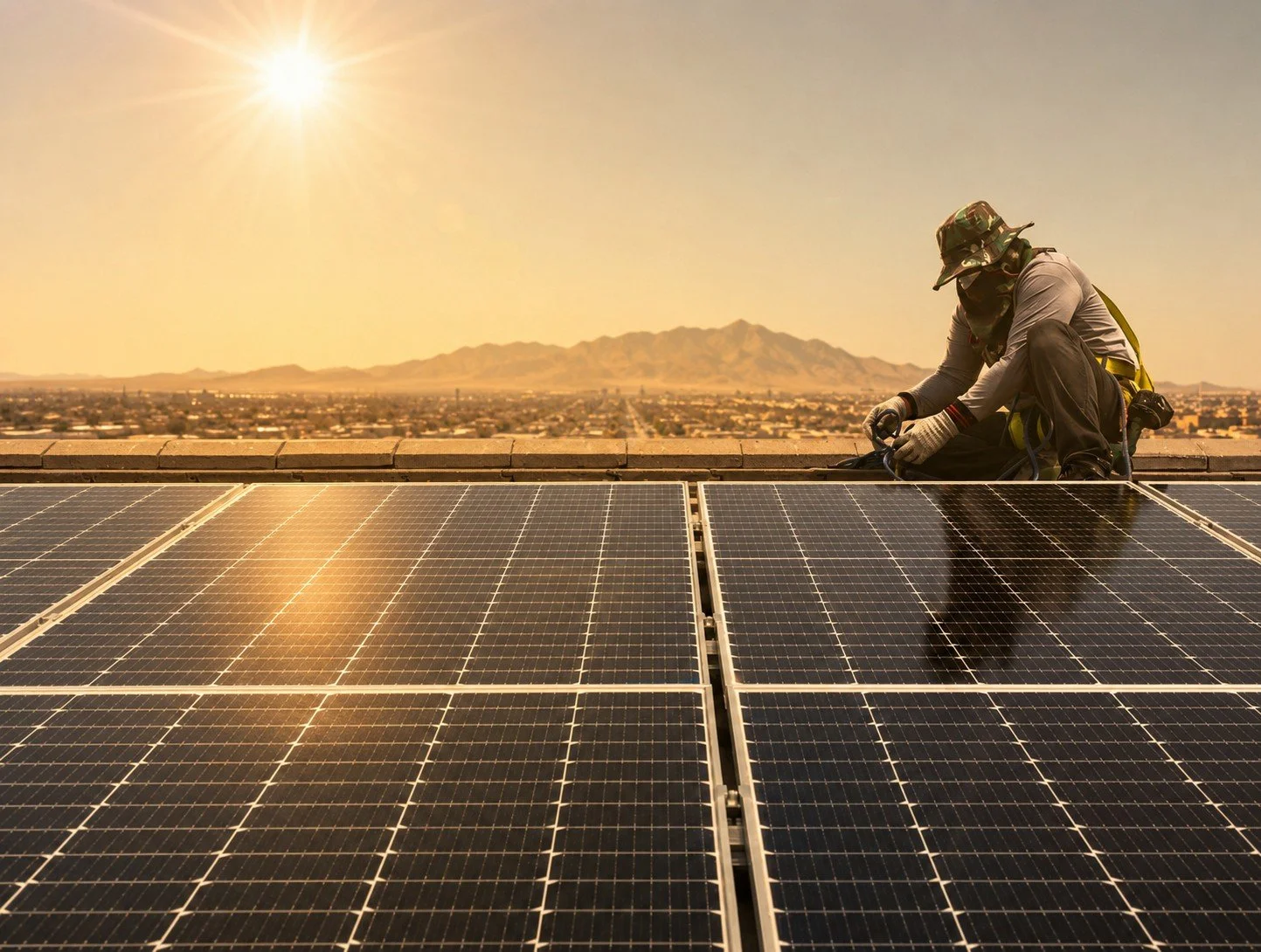 A worker in a hat and gloves installs solar panels on a rooftop, with a cityscape and mountains in the background during sunset.