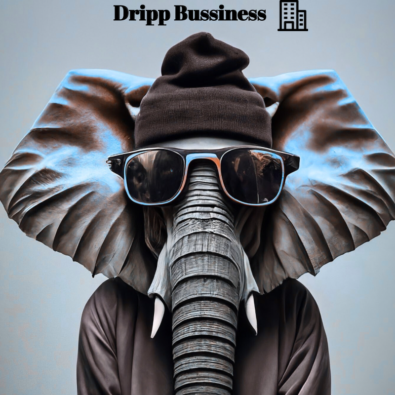An elephant wearing black sunglasses, a brown beanie, and a leather jacket, with the text 'Dripp Bussiness' and a building icon above its head.