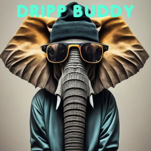 An anthropomorphic elephant wearing a beanie, sunglasses, and clothing with the text 'Dripp Buddy' in bright teal at the top.