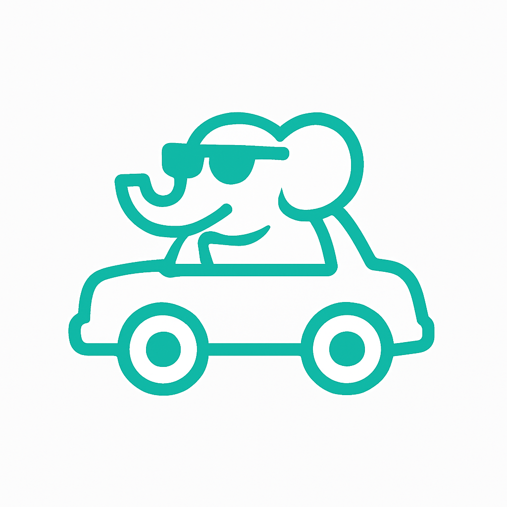 Line drawing of an elephant wearing sunglasses driving a small car.