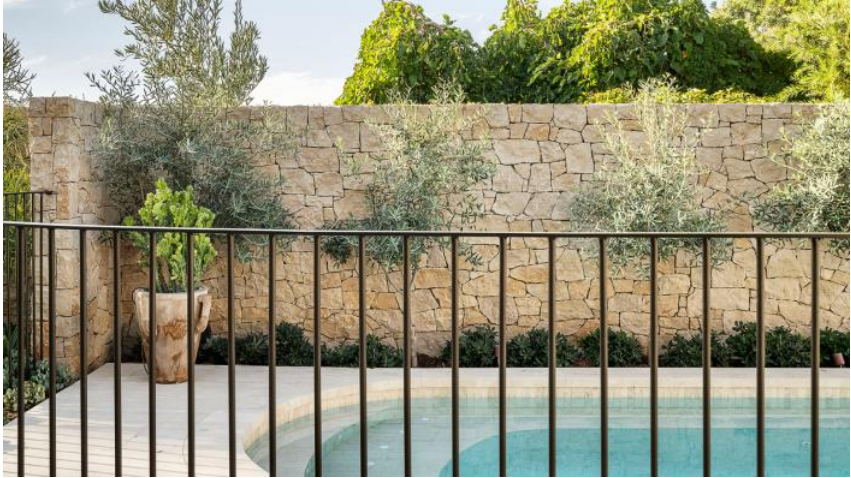 A backyard pool surrounded by a black metal fence, with a stone wall and trees in the background.