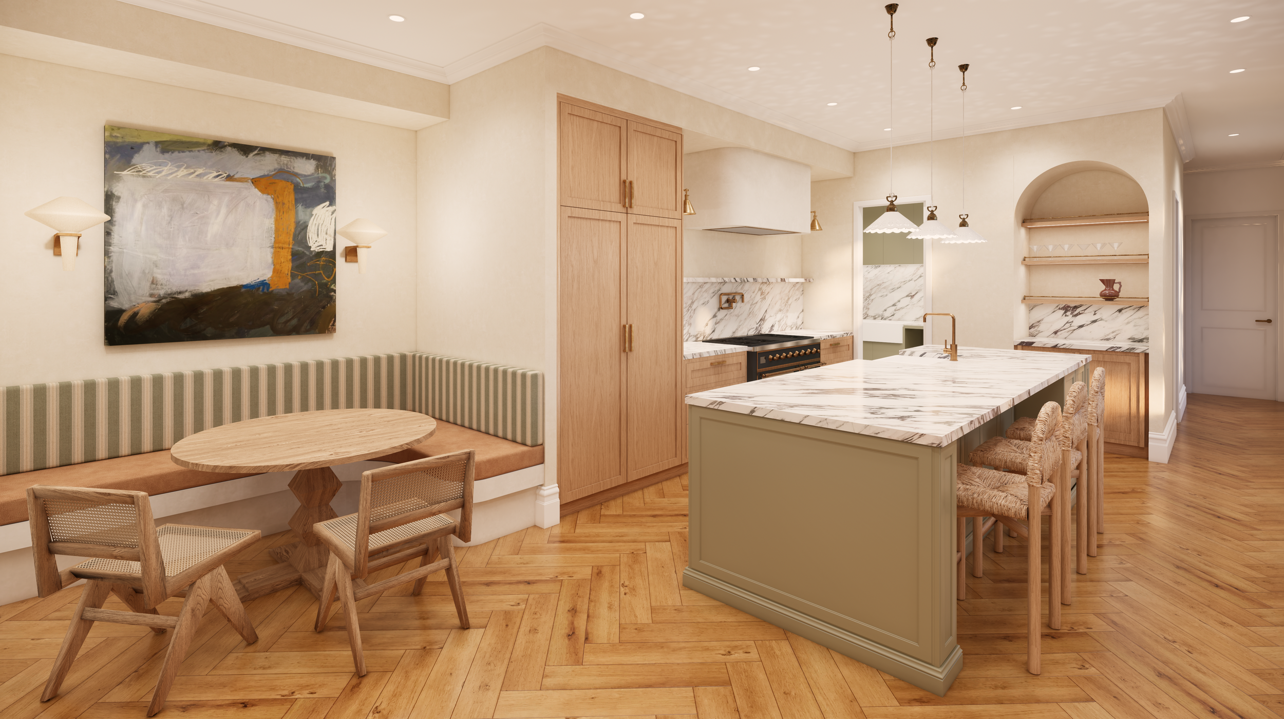 A modern kitchen with a marble island, wooden cabinets, a dining nook with striped seating, abstract wall art, and pendant lights.