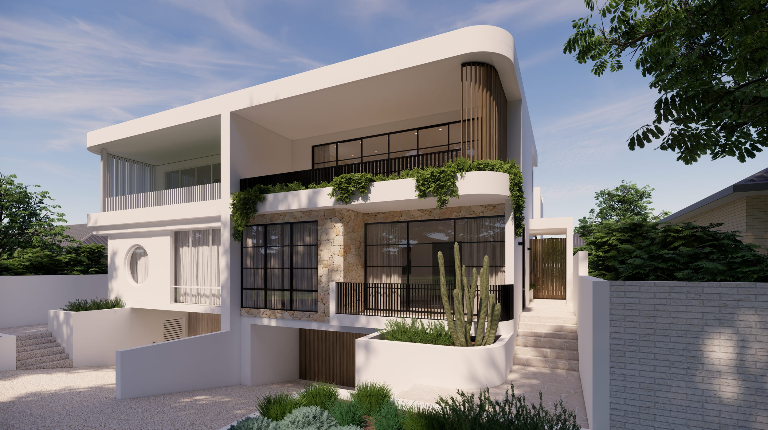 Modern multi-story house with curved white exterior, large glass windows, and green plants on balconies, surrounded by trees and a white brick fence.