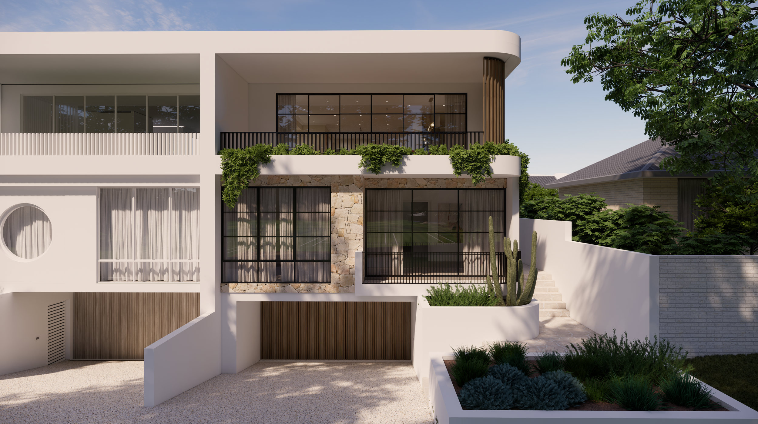 Modern multi-story house with white exterior, large windows, and greenery on balcony, surrounded by trees and landscaped yard.