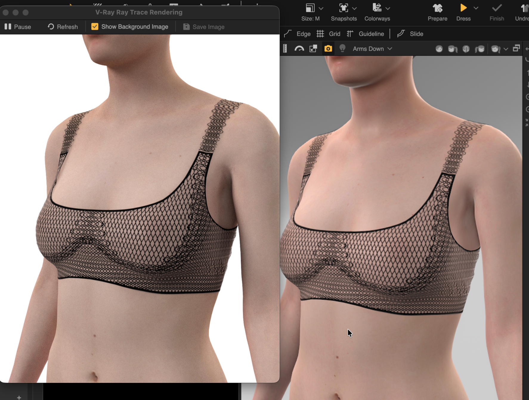 A digital rendering shows the torso of a woman wearing a black fishnet bralette. The image features two side-by-side views, with the left side having a white background and the right side a gray background.