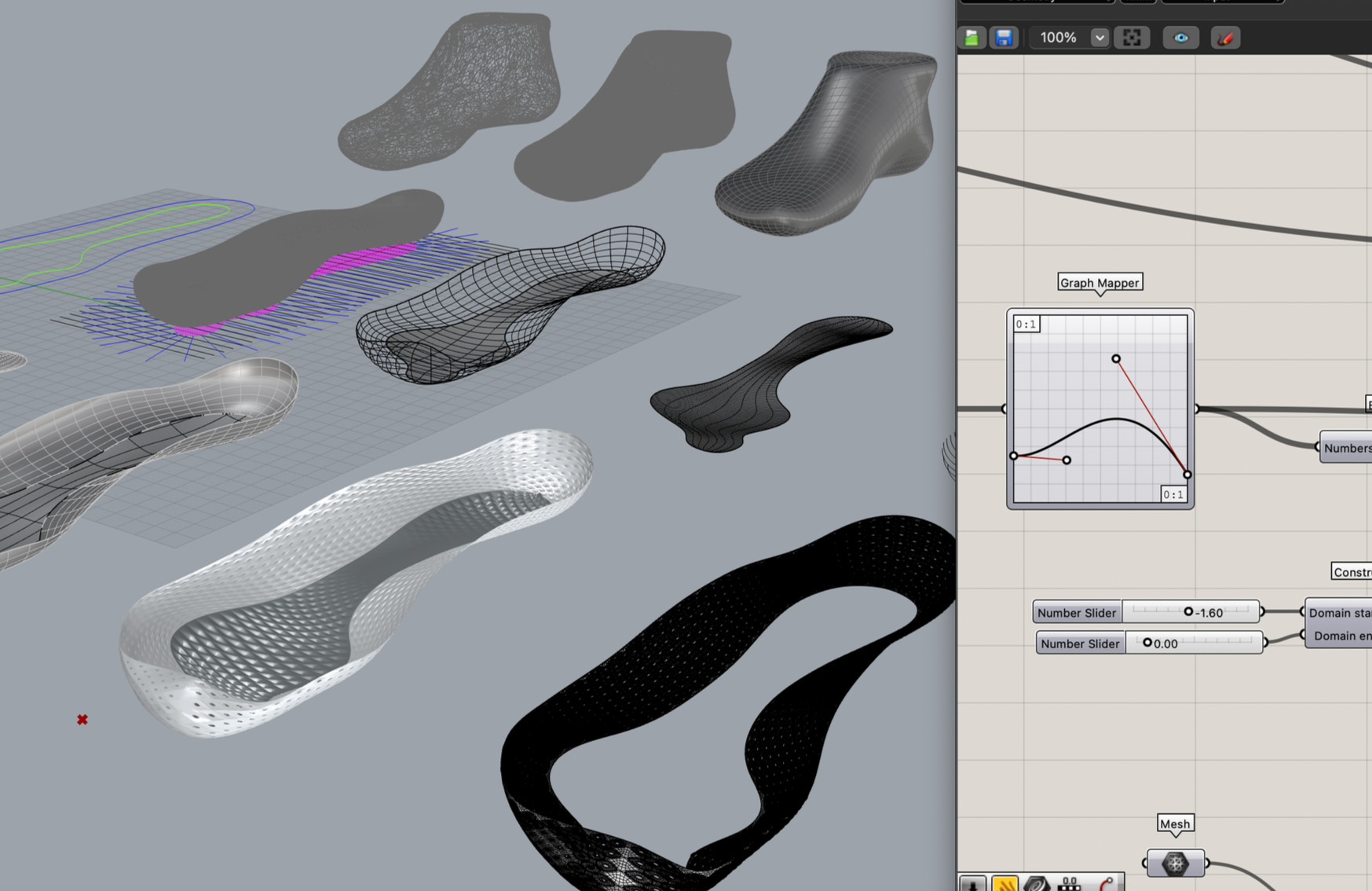 Computer screen displaying 3D models of abstract, blob-like shapes with wireframes and shaded surfaces, along with a graph editor and node-based interface.