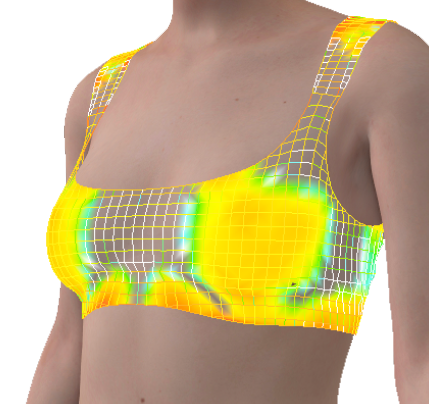 A woman wearing a sleeveless top with multicolored heat map overlay indicating areas of pressure or activity.