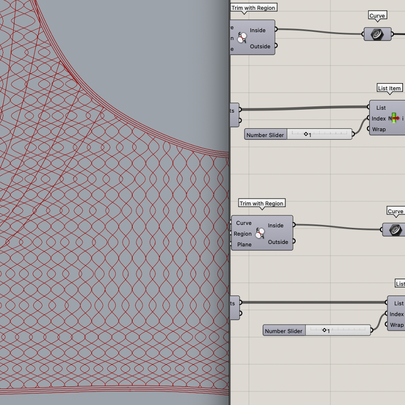A 3D wireframe surface model in Rhino with red grid lines and a Grasshopper script on the right side controlling the surface's trim and shape.