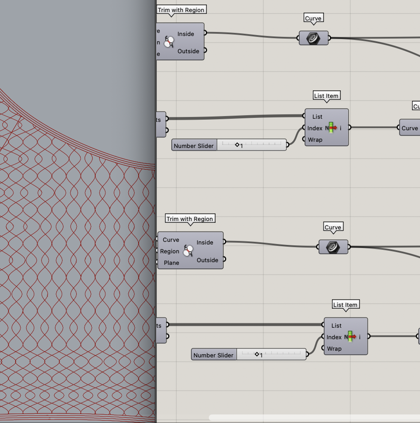 Screenshot of a 3D modeling software interface showing a wireframe and a node-based editing layout with parameters for curve and region trimming.