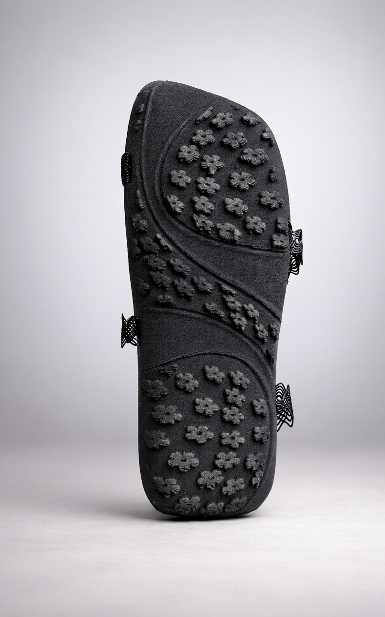 A black shoe sole with textured patterns and small cleats, taken from a low angle against a plain background.