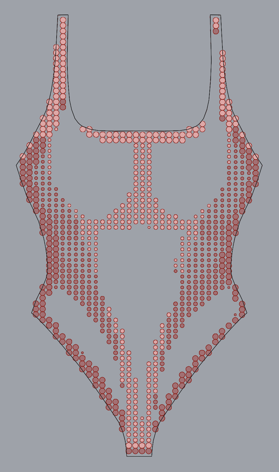 A 3D design of a swimsuit adorned with red circular rhinestones arranged in floral patterns on the front and along the straps, displayed on a gray background.