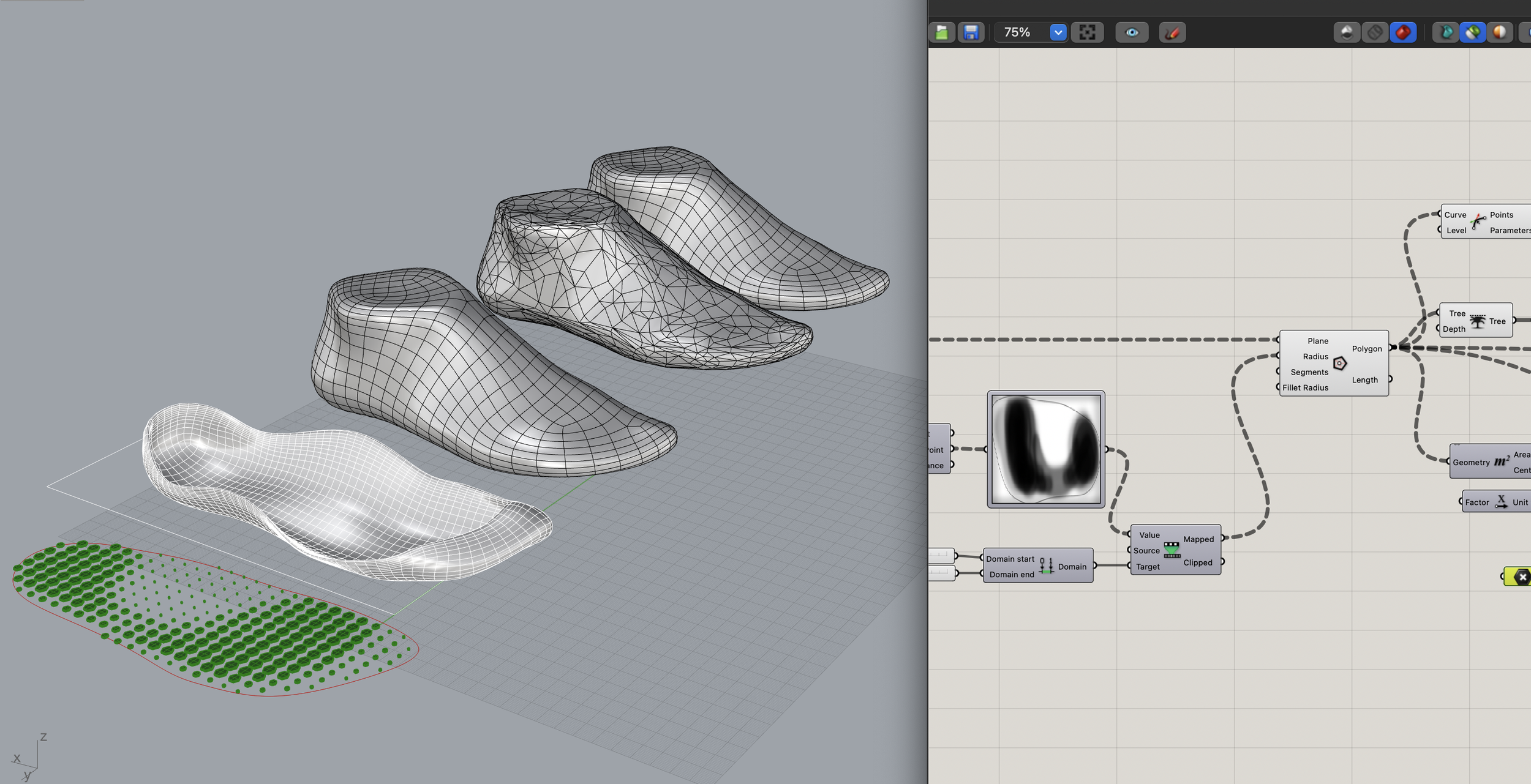3D model of a flip-flop in wireframe view on the left, with a rendered version at the bottom, and a visual programming interface on the right.