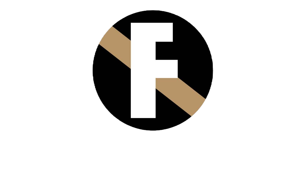 Graphic with letter E in white, centered on a black circle background, with brown and black geometric shapes surrounding it.