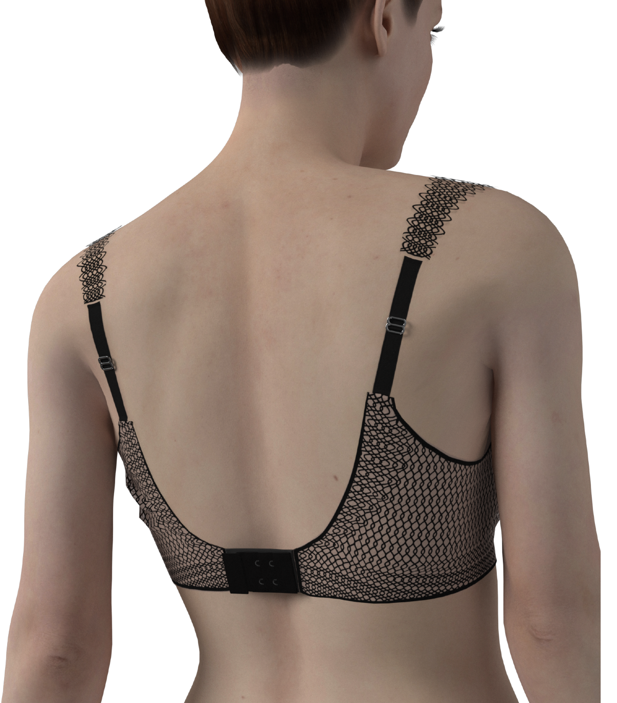 Back view of a woman wearing a black lace bra with adjustable straps and a rear hook closure.