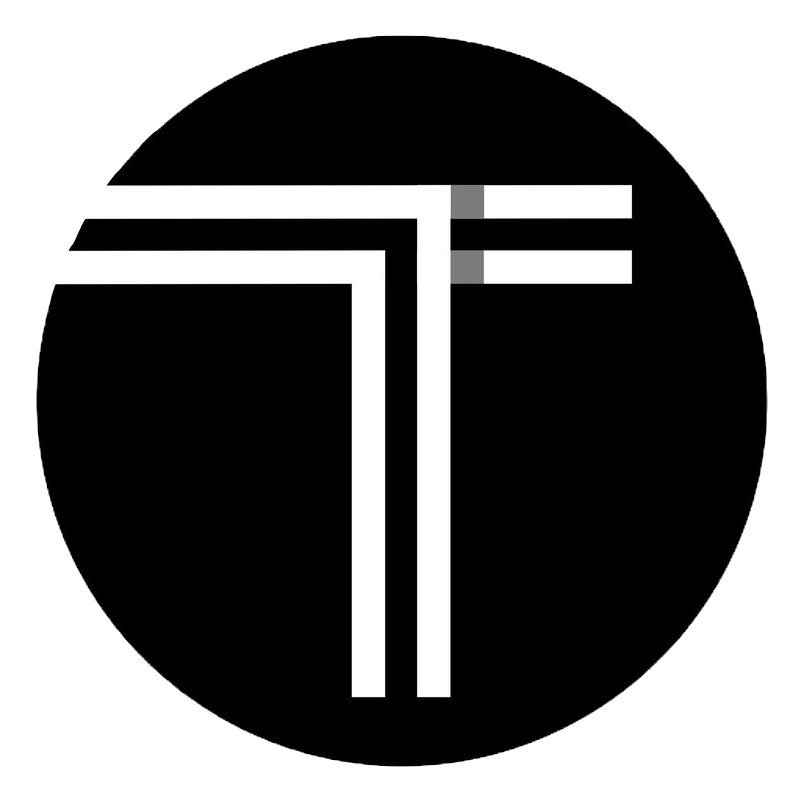 A black circular logo with white lines forming the letter T and three parallel lines above it.