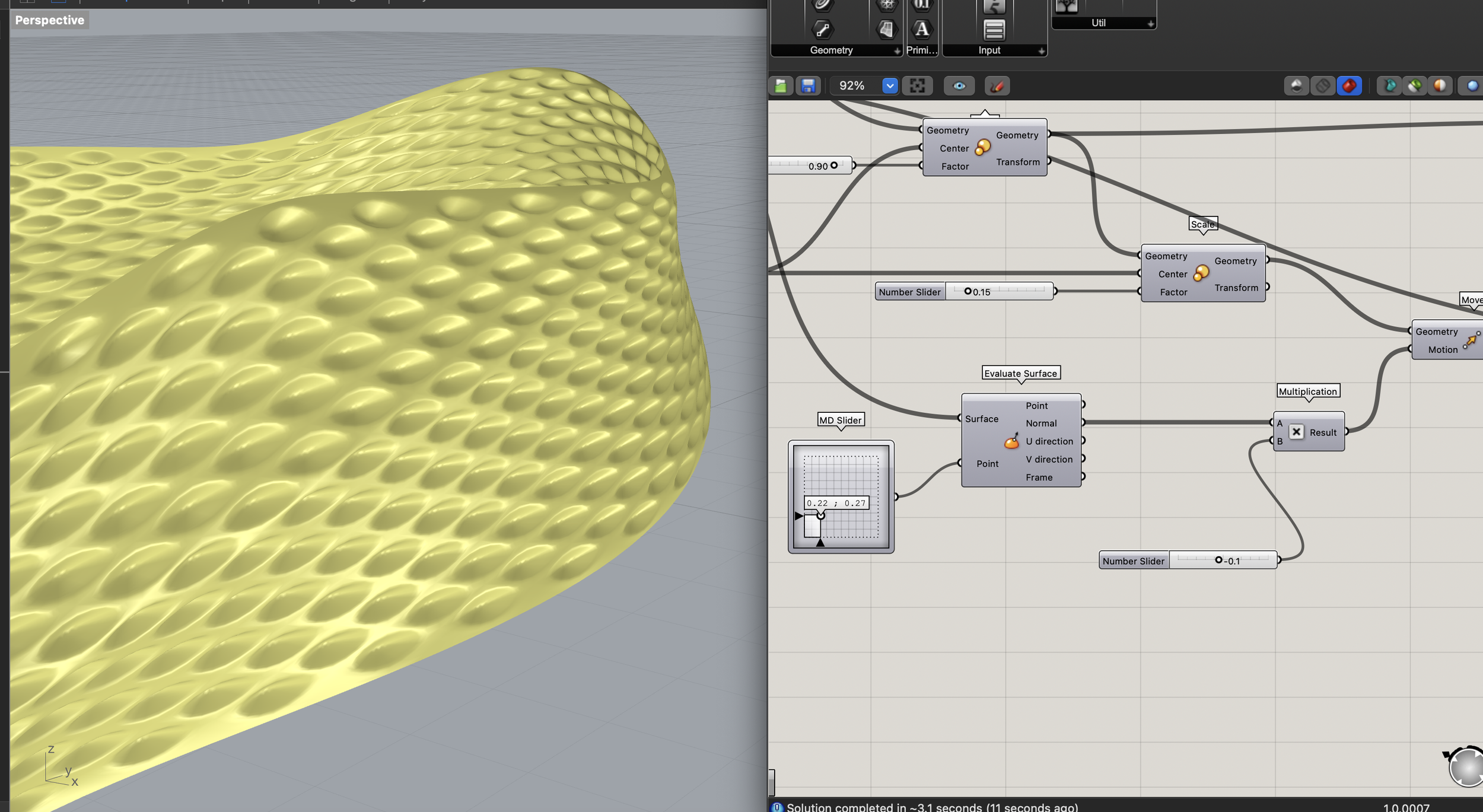 A 3D rendered model of a textured, yellow surface with a honeycomb pattern, displayed in a 3D modeling software interface.