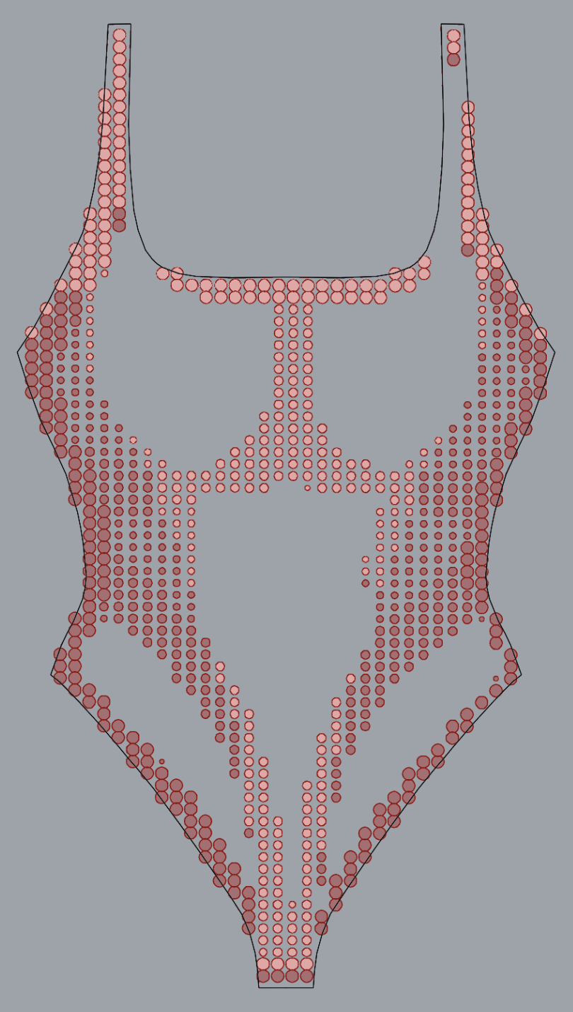 Outline of a one-piece swimsuit decorated with red rhinestones creating a star pattern on the front, set against a gray background.