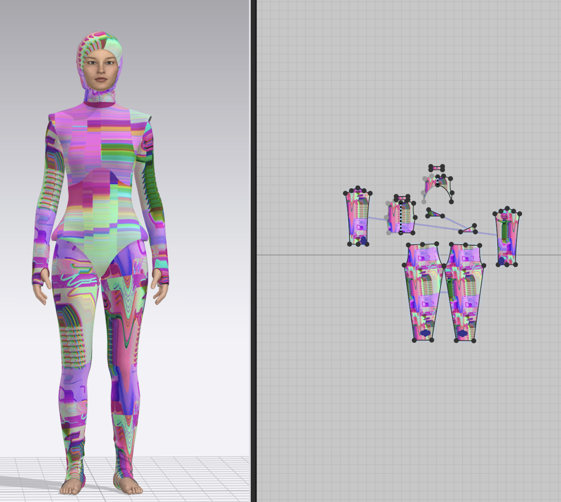 Digital mannequin wearing a colorful, glitch-inspired bodysuit with matching headgear, shown in a 3D modeling program with a grid background.