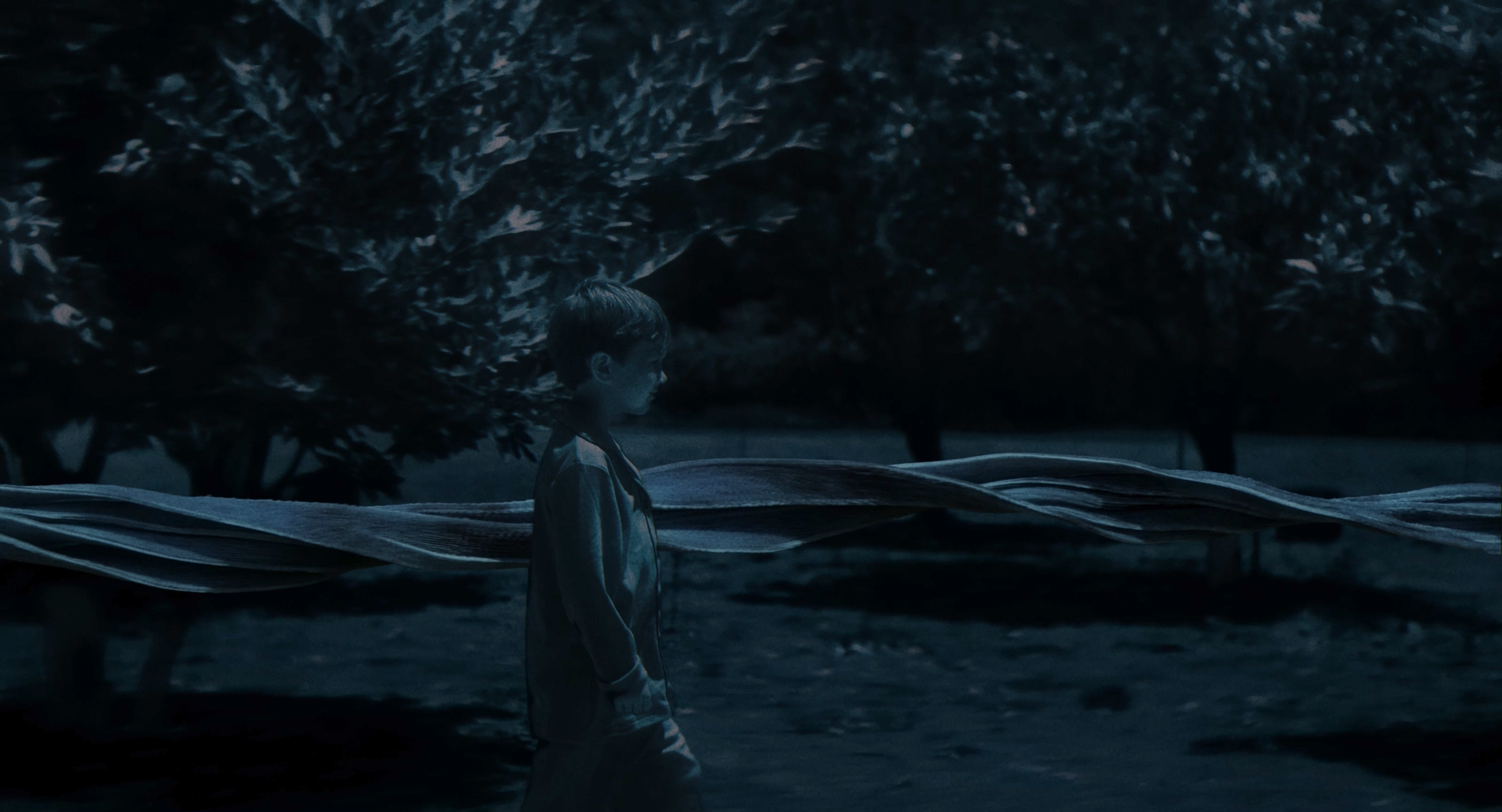 A young boy walking outdoors at night with a dark, cloudy sky overhead. The boy is dressed in a light-colored hoodie and pants, and a large object, possibly a tent or tarp, is partially visible in the foreground. Trees are seen in the background.