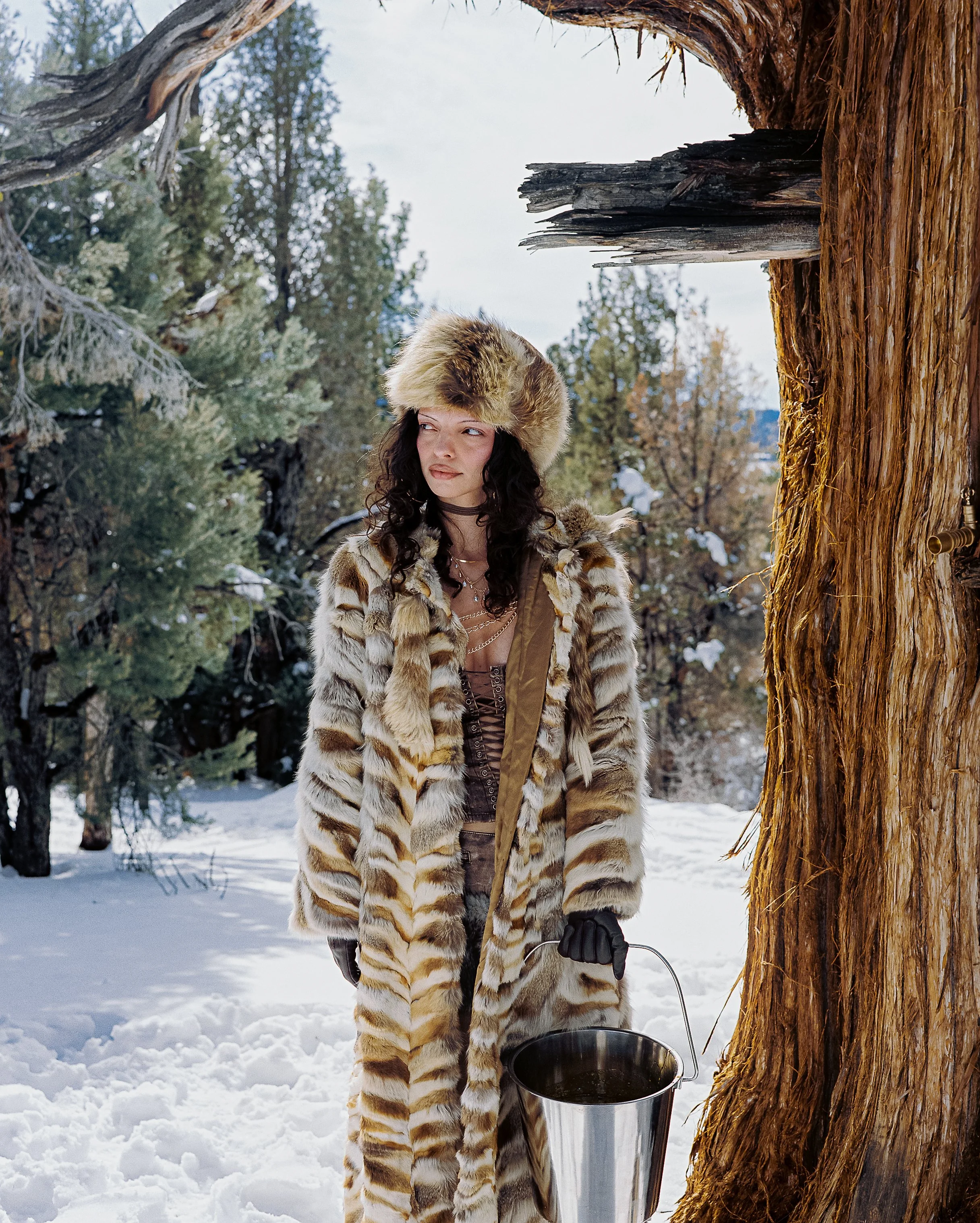 A woman in a fur hat and coat stands outside in a snowy forest, holding a bucket of sap, with a tree tapped for syrup in front of her.
