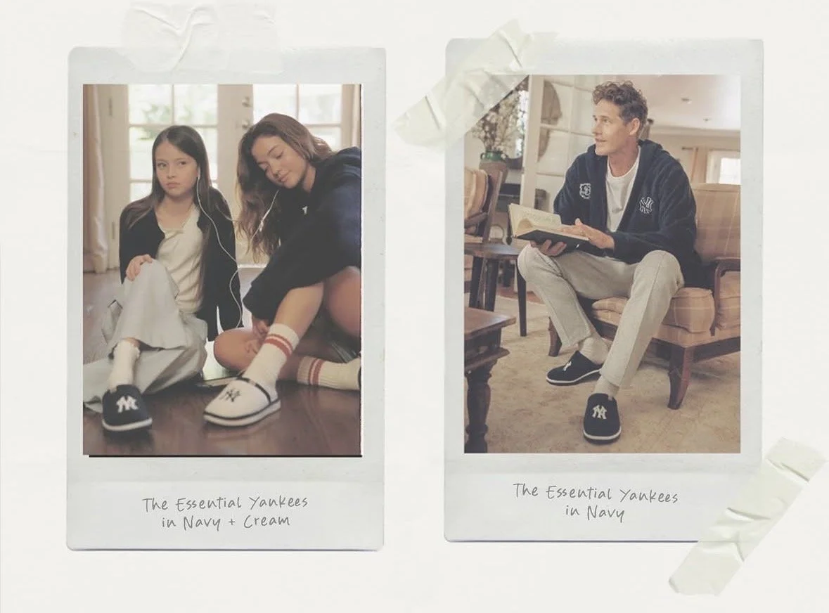 Two Polaroid photos taped to a white background. The left photo shows two young girls sitting on a wooden floor, wearing navy and cream clothing, with one girl tying her shoe. The right photo shows a young man sitting on a beige sofa, reading a book,