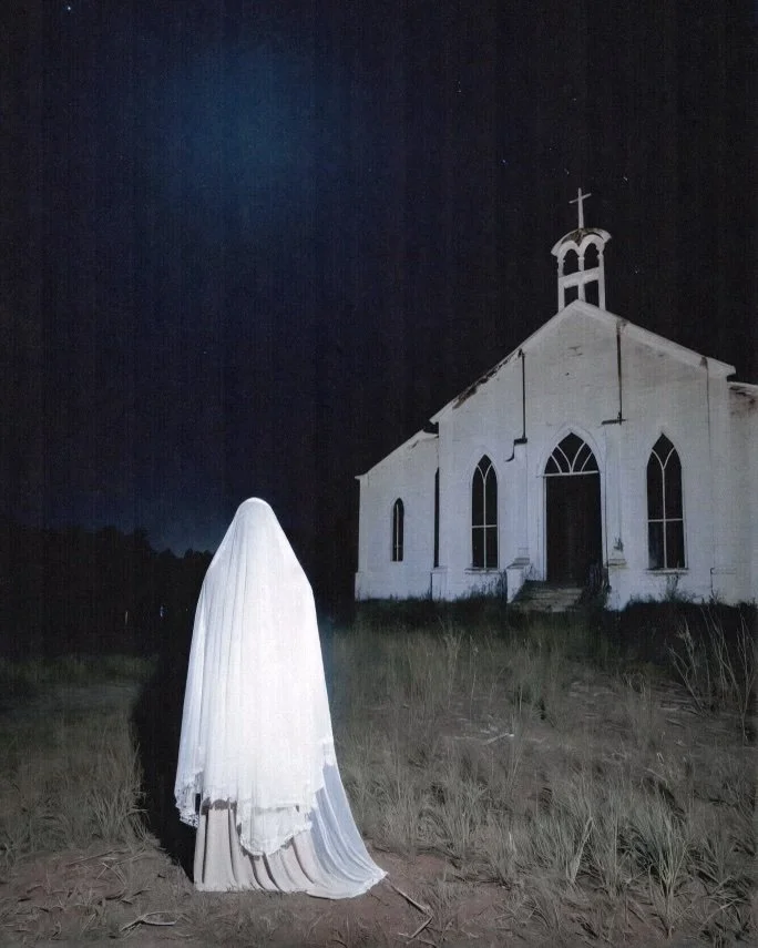 A statue of a ghost or religious figure draped in white cloth, standing outside near an old, white church with a cross on top at night.
