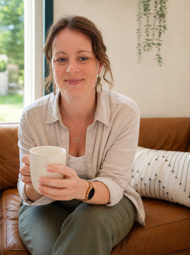 Danielle with brown hair and earrings sitting on a brown leather couch, holding a white mug, smiling at the camera, with a window and some hanging plants in the background.