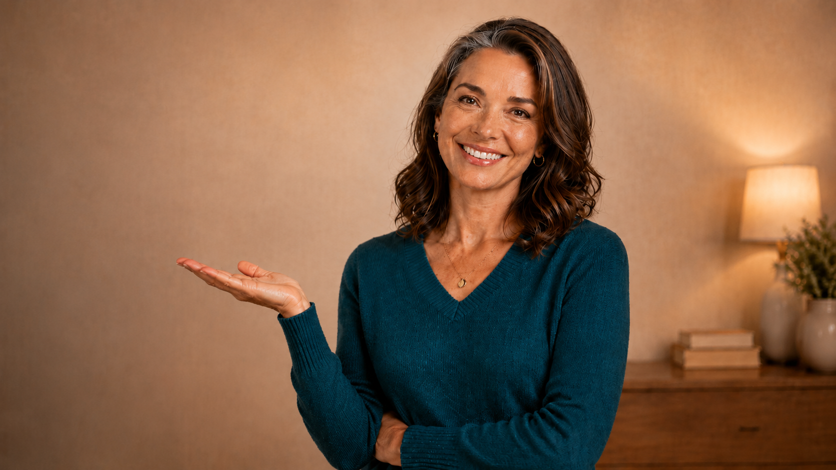 A smiling woman with shoulder-length brown hair, wearing a teal sweater, stands indoors with her left arm raised and palm facing up. The background includes a lamp, some books, and potted plants.