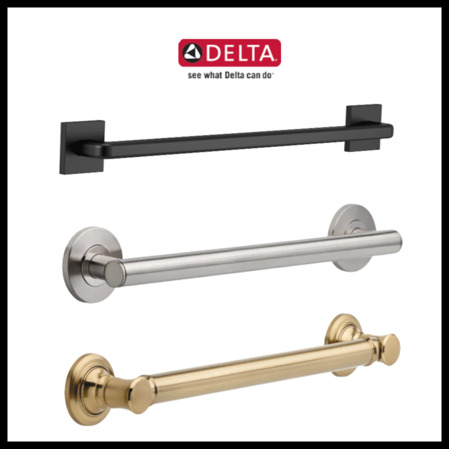 Three different styles of towel bars in black, silver, and gold finish displayed in front of a white background with the Delta logo at the top.